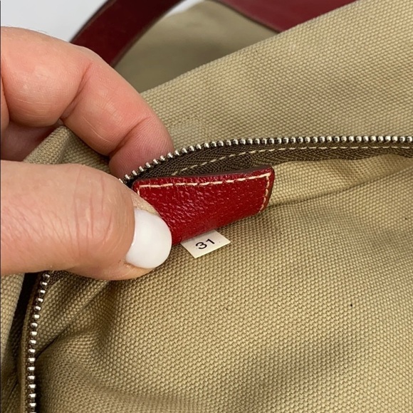 Prada Large Beige Canvas Red Leather Shoulder Tote - Picture 14 of 15